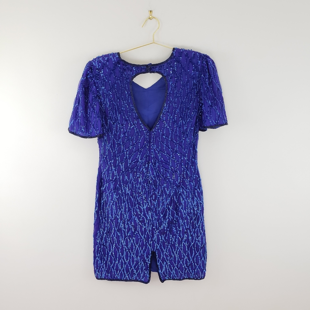 Vintage Blue Sequined Silk Keyhole Shift Dress M - Picture 6 of 6
